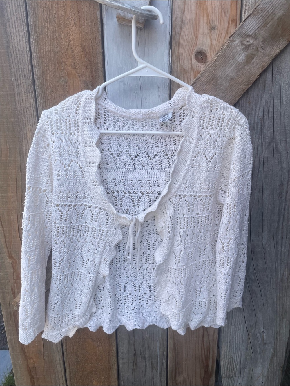 Women’s White Openwork Knit Cardigan with Tie Closure